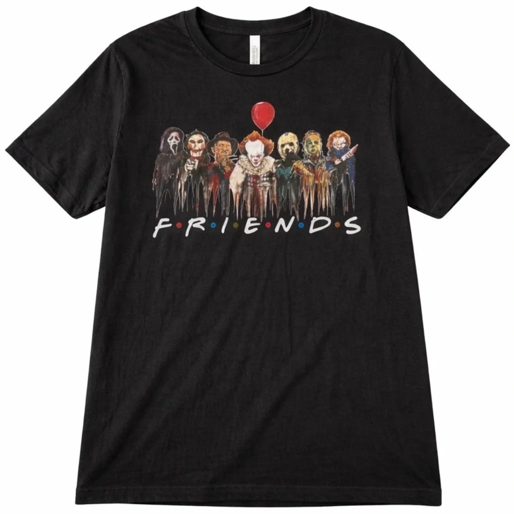 Halloween T-Shirt Scary Movie Characters Friends Black XL IT Chucky Freddy